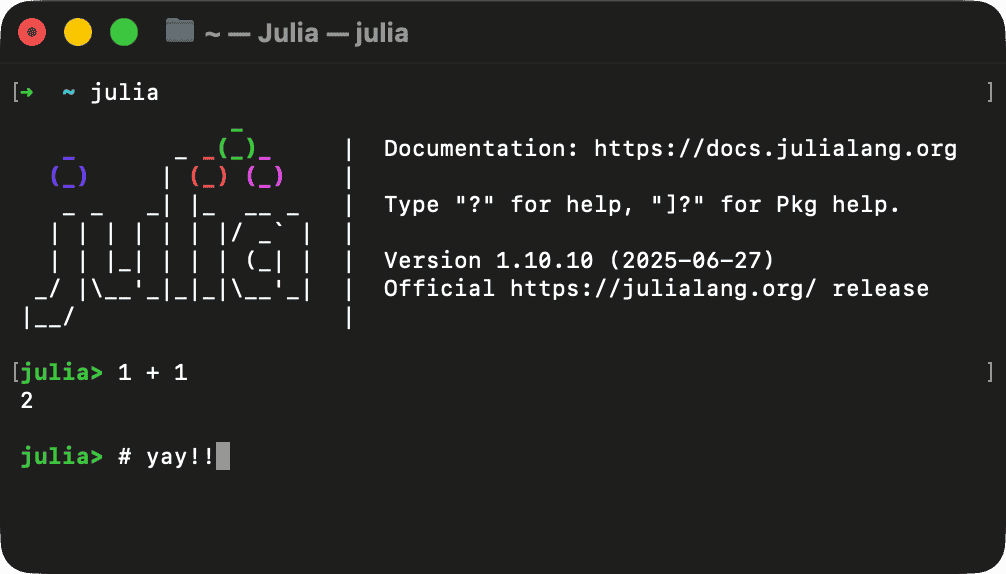 screenshot of the Julia REPL with 1+1 executed